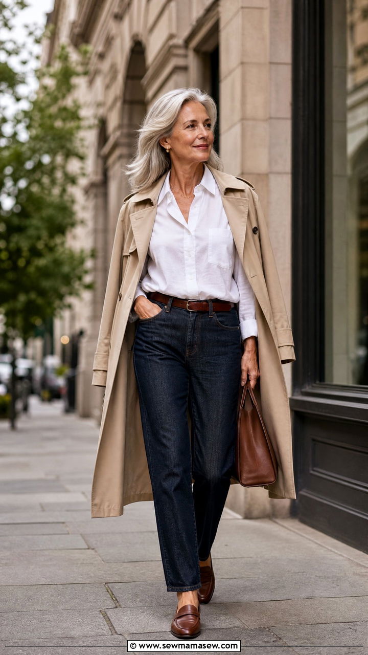 Dark Wash Straight Leg Jeans with White Button Up - 30 Minimalist outfits for women over 60