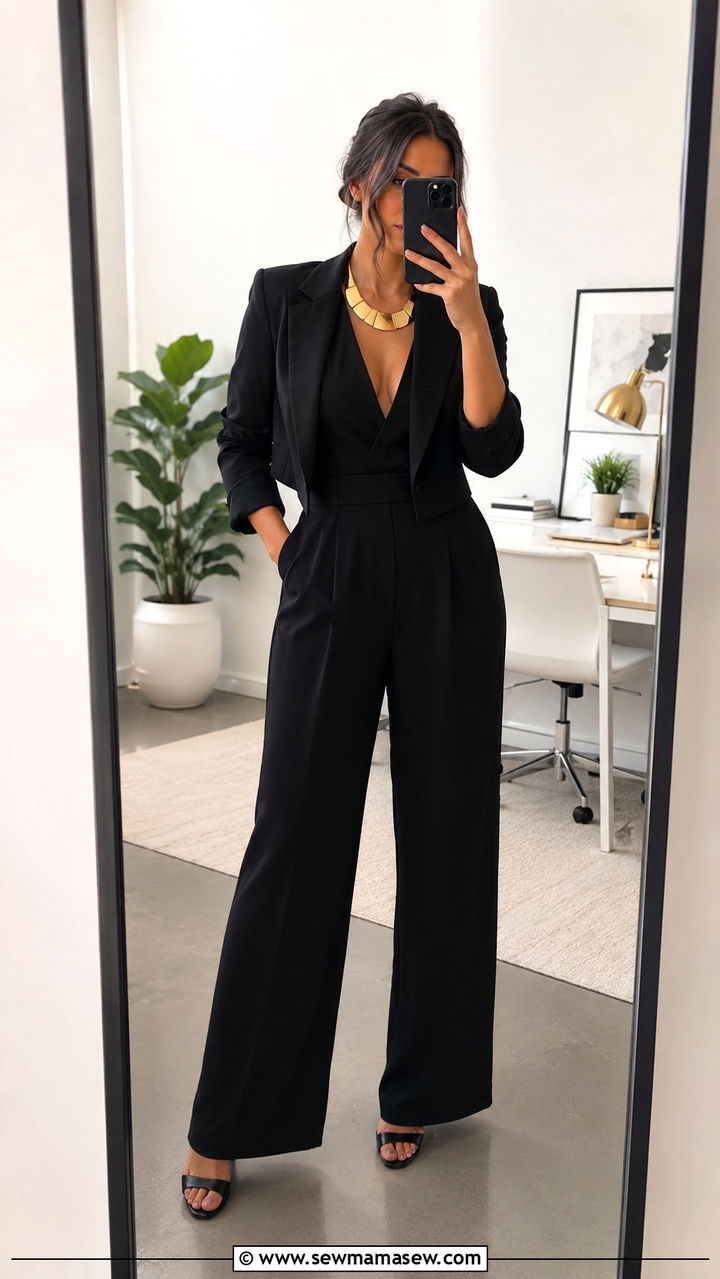 Dark Wide Leg Jumpsuit with Statement Necklace and a Blazer - 25 work outfits for pear shaped body