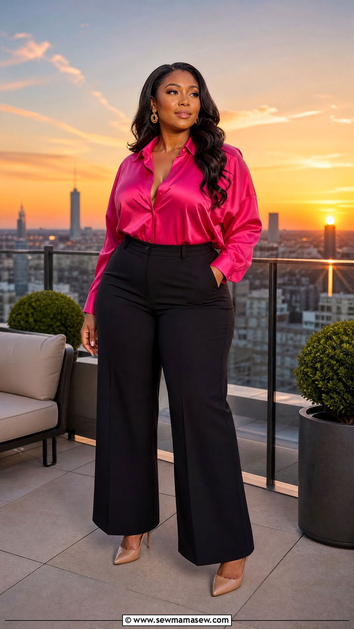 Dark Wide Leg Trousers Outfit with Bold Colored Blouse and Nude Heels - 25 Flattering outfits for big thighs