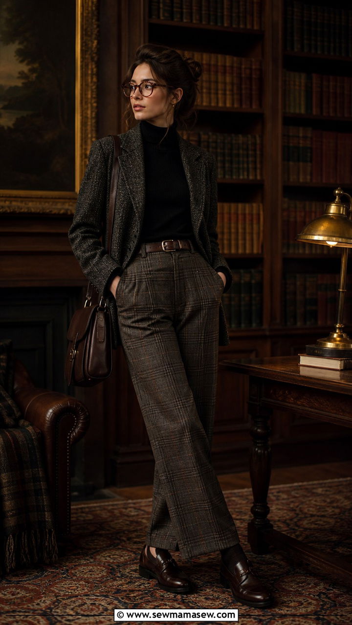 Dark academia tweed blazer turtleneck plaid trousers and loafers - 20 cute Pinterest outfits