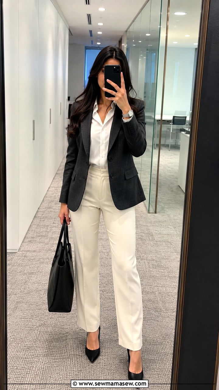 Dark blazer with light tailored trousers - 25 Presentation outfit ideas
