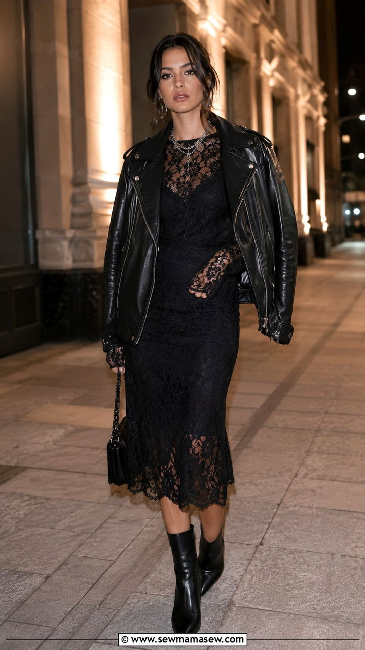 Dark boho lace dress with leather jacket - 25 Boho chic clothing ideas 2026
