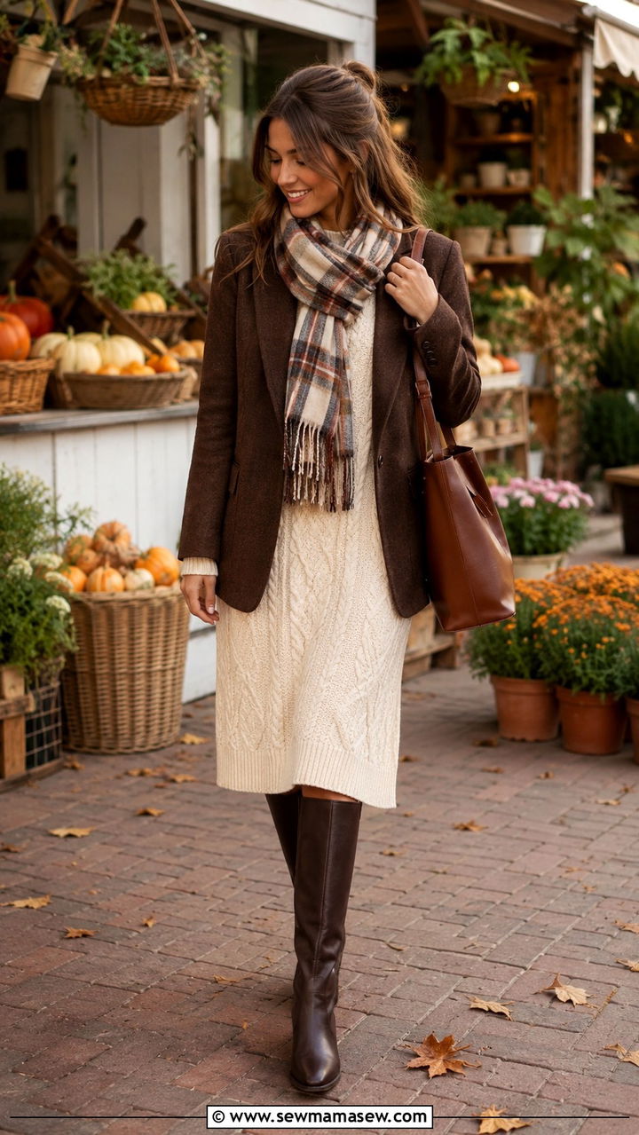 Dark brown linen blazer with cream sweater dress - 30 Linen blazer outfit ideas with a dress