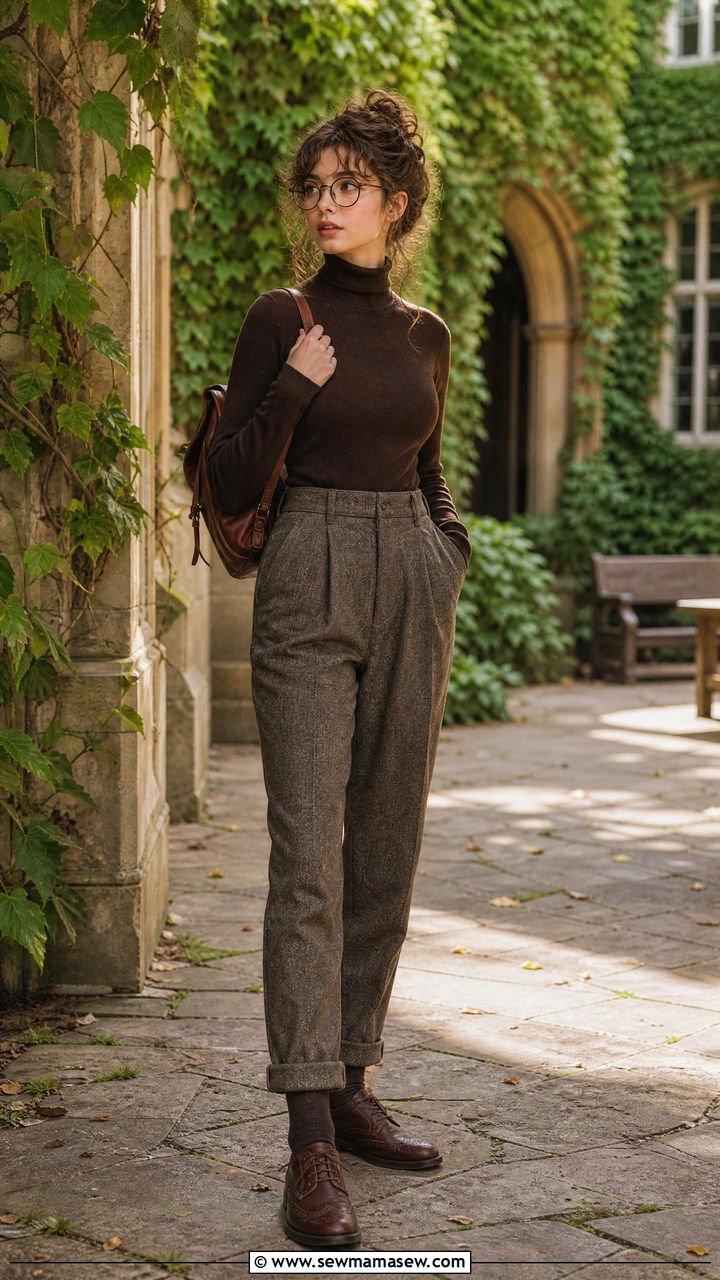 Dark brown turtleneck and tweed trousers with weathered brogues - 30 Goblincore outfit ideas