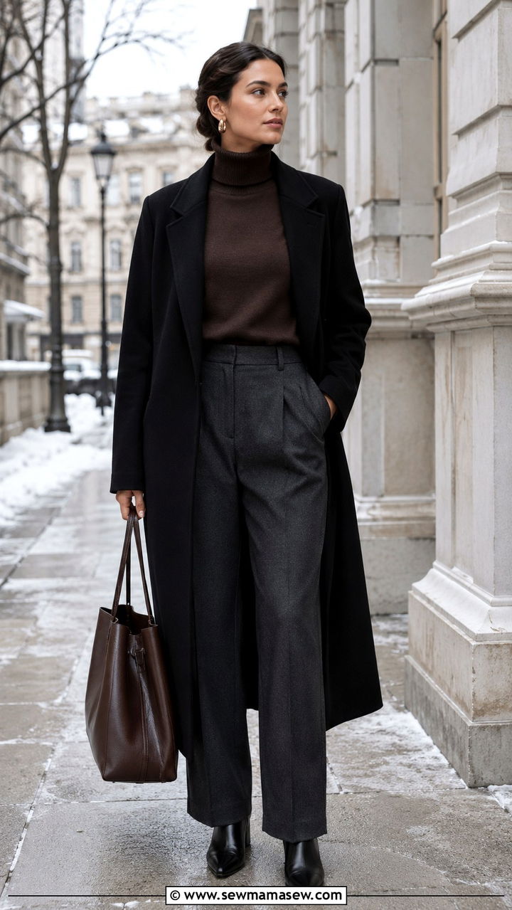Dark brown turtleneck with charcoal wool trousers and a long coat - 20 Quiet luxury Loro Piana dupes outfit ideas
