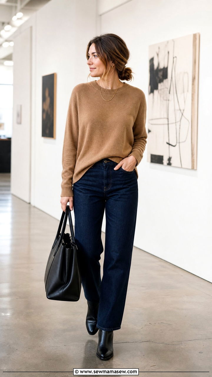 Dark denim and cashmere sweater gallery outfit - 30 Gallery opening outfit ideas