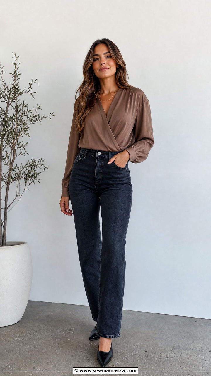 Dark denim and draped blouse outfit for makeup artists - 30 Makeup artist outfit ideas