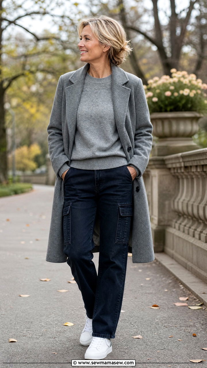 Dark denim cargo jeans with gray sweater outfit - 25 Cargo pants outfit ideas for women over 40