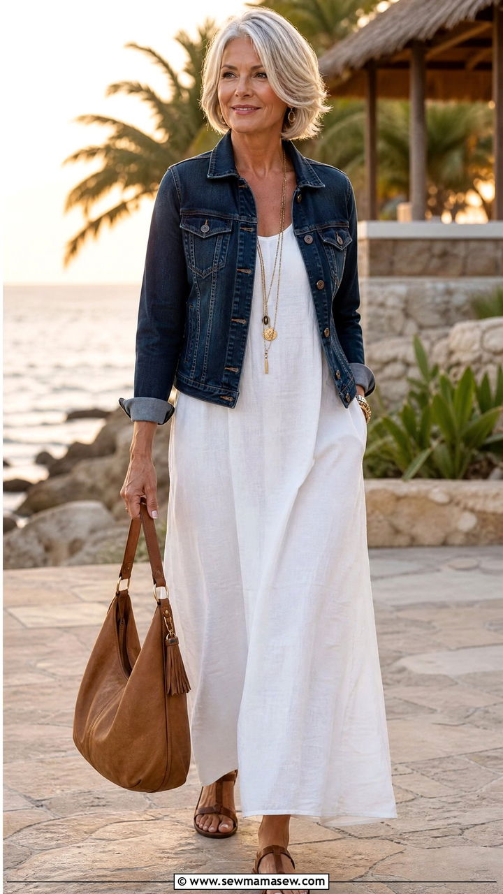 Dark denim jacket over a white maxi dress - 25 How to style a denim jacket over 60