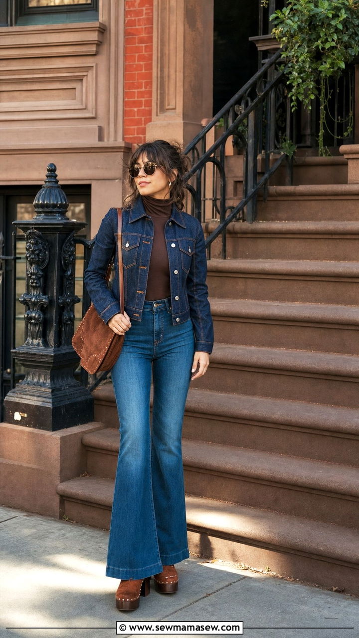 Dark denim jacket with mid wash flare jeans - 25 Double denim outfit ideas petite