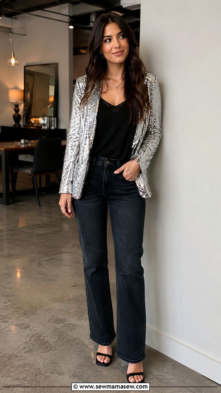 Dark denim jeans with sequin blazer and heels - 30 Office party outfit ideas