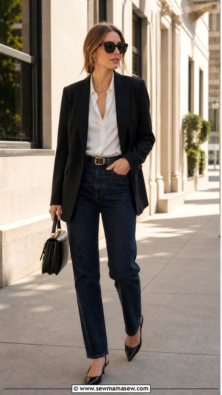 Dark denim jeans with structured blazer - 40 classy office outfits
