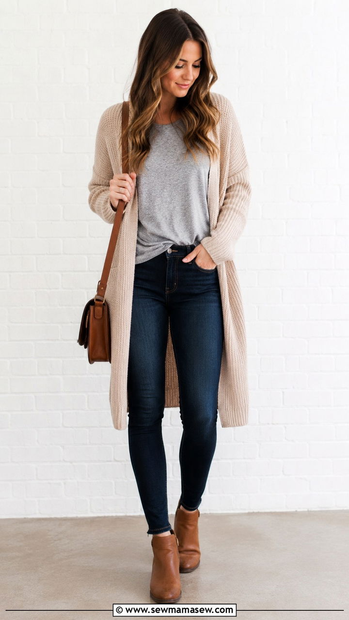 Dark denim jeggings with a long cardigan and tee - 20 Outfit ideas for belly after C section