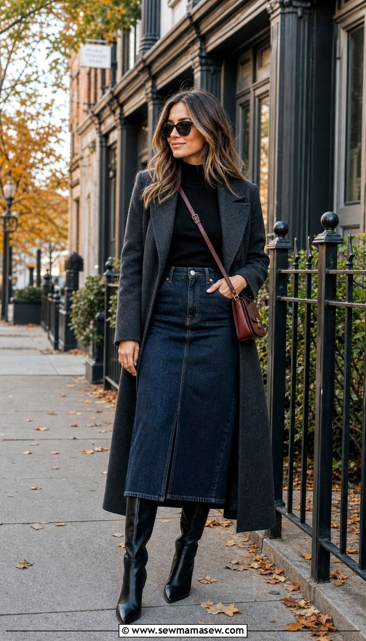 Dark denim midi skirt with turtleneck and knee high boots - 25 Denim skirt outfit ideas for work