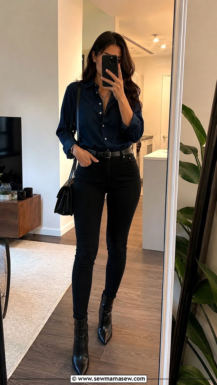 Dark denim shirt with black jeans - 30 Denim shirt and jeans outfit ideas