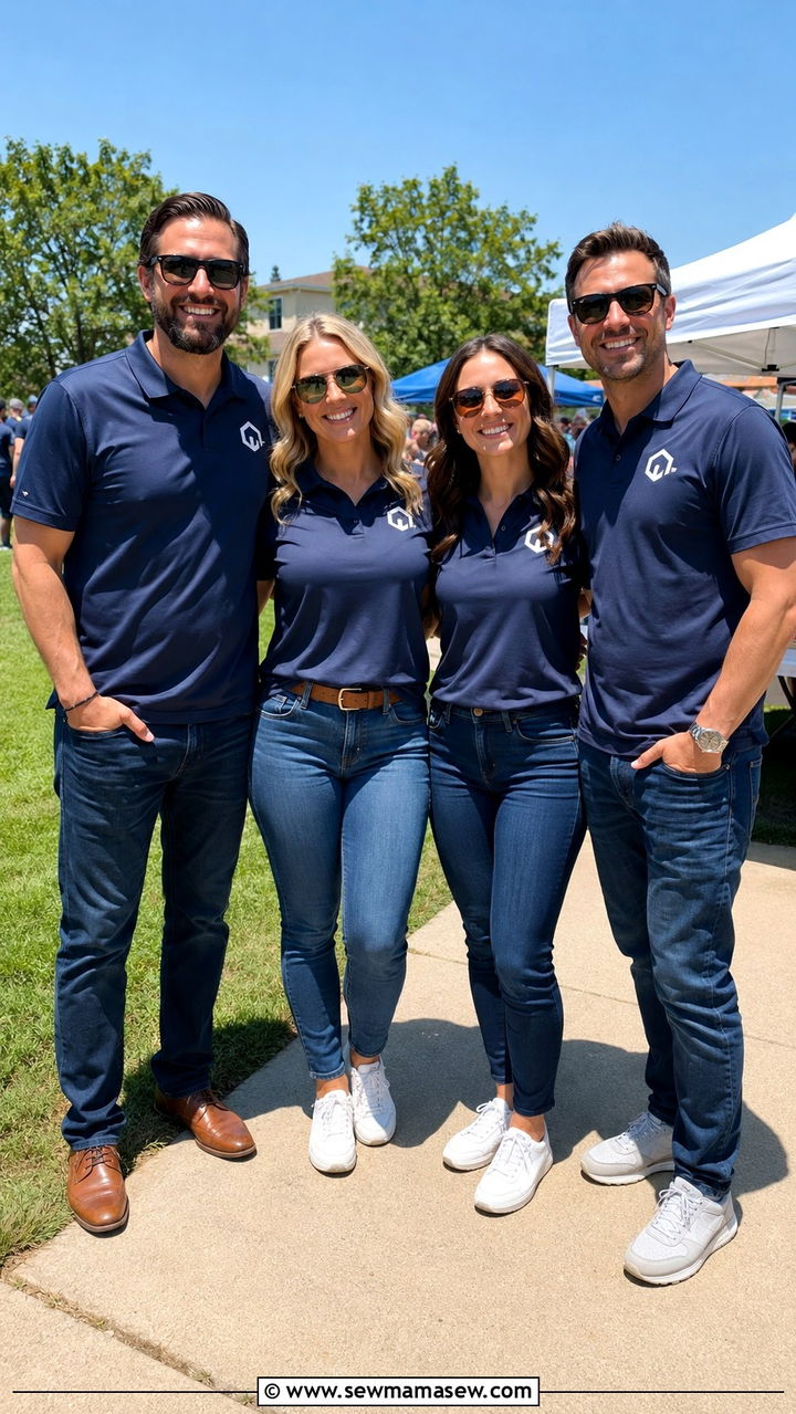 Dark denim with a logoed company polo - 30 Real estate agent outfit ideas