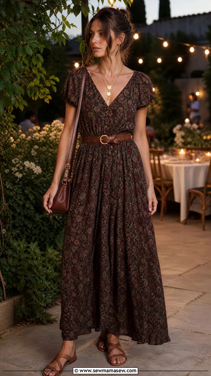 Dark floral maxi dress with flat sandals dark academia outfit - 30 Dark academia summer outfits