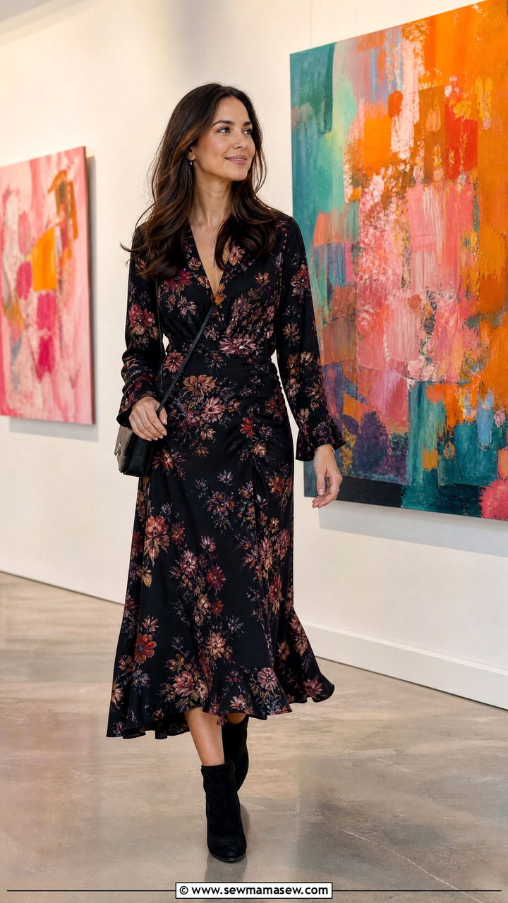 Dark floral midi dress gallery opening outfit - 30 Gallery opening outfit ideas
