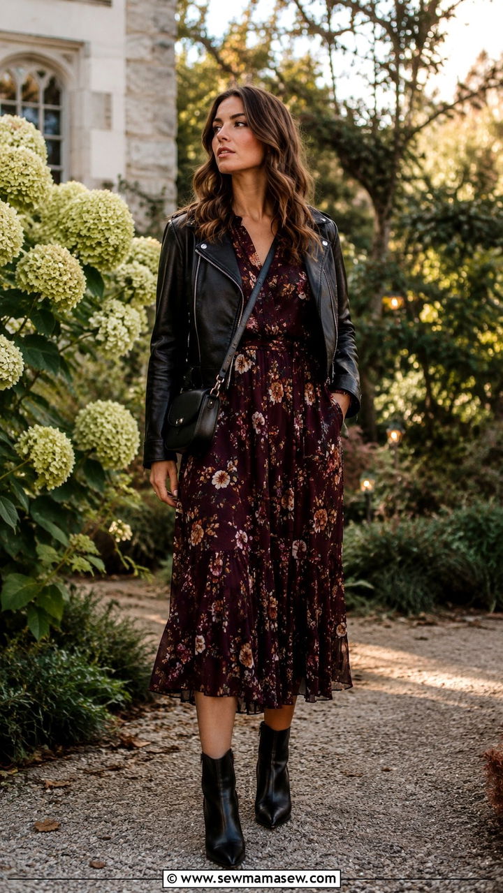 Dark floral midi dress with ankle boots and leather jacket outfit - 30 In between season outfit ideas