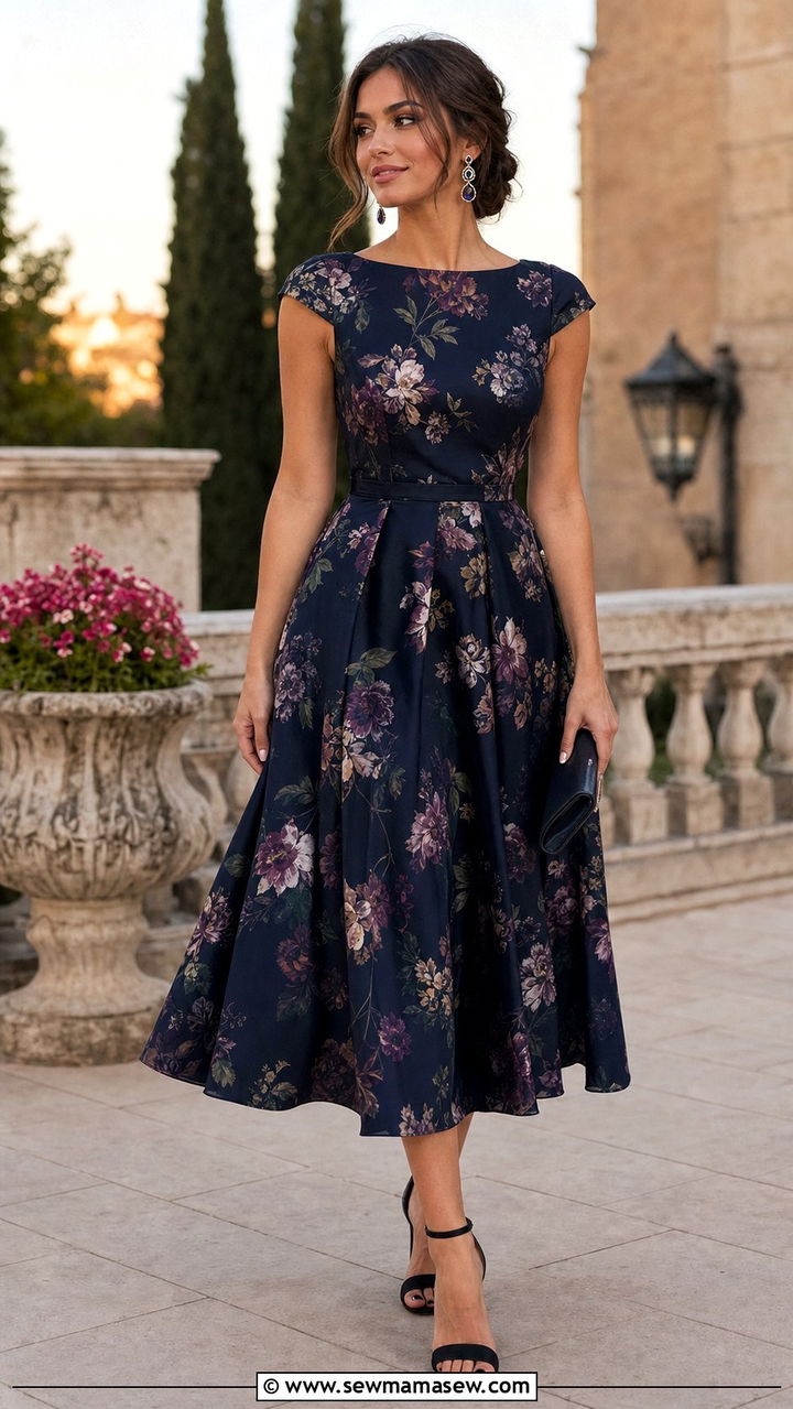 Dark floral midi dress with ankle strap heels - 25 Summer outfits to hide belly fat