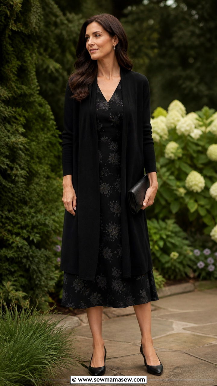 Dark floral midi dress with black cardigan funeral - 40 Funeral outfit ideas