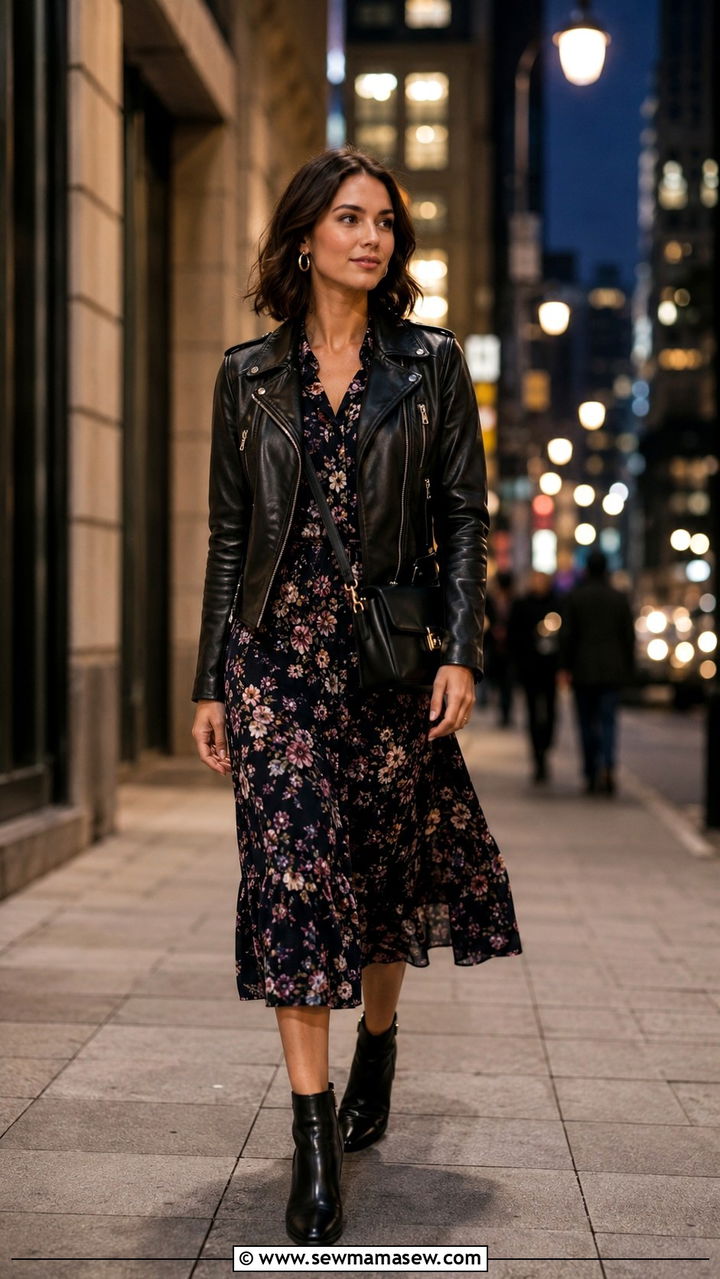 Dark floral midi dress with black leather jacket and ankle boots - 30 Business travel capsule wardrobe