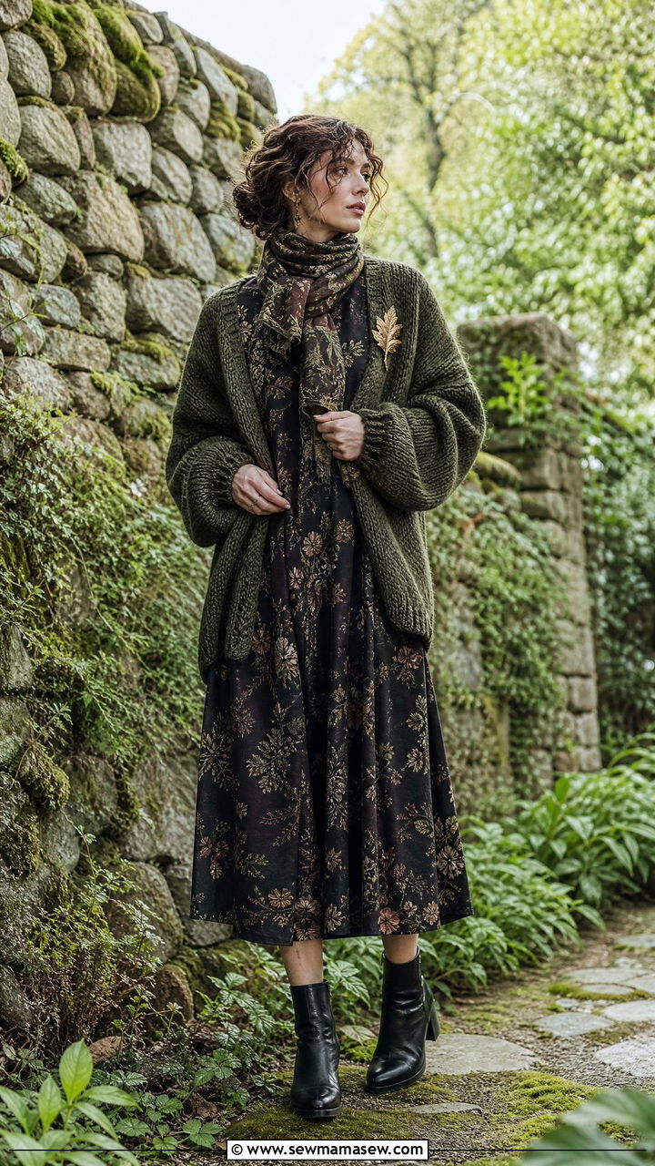Dark floral midi dress with chunky cardigan and ankle boots - 30 Goblincore outfit ideas