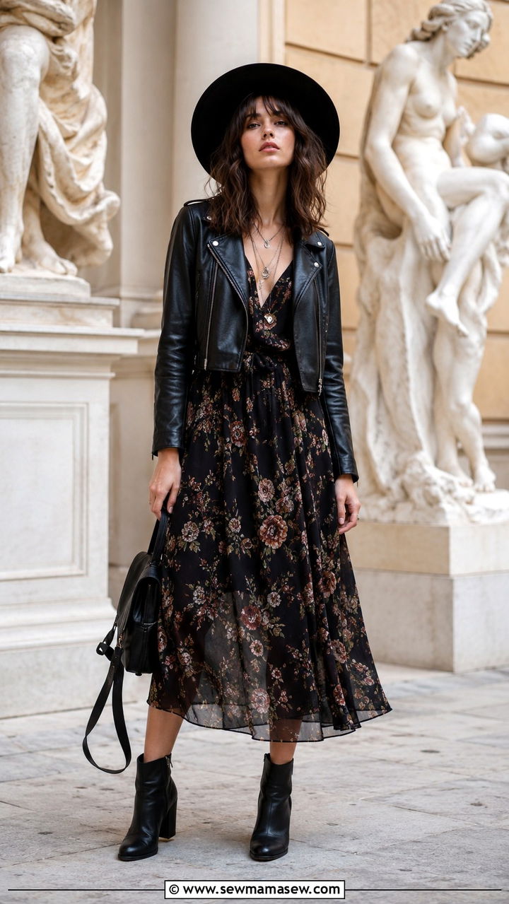 Dark floral midi dress with leather jacket and ankle boots - 30 grunge outfits to copy