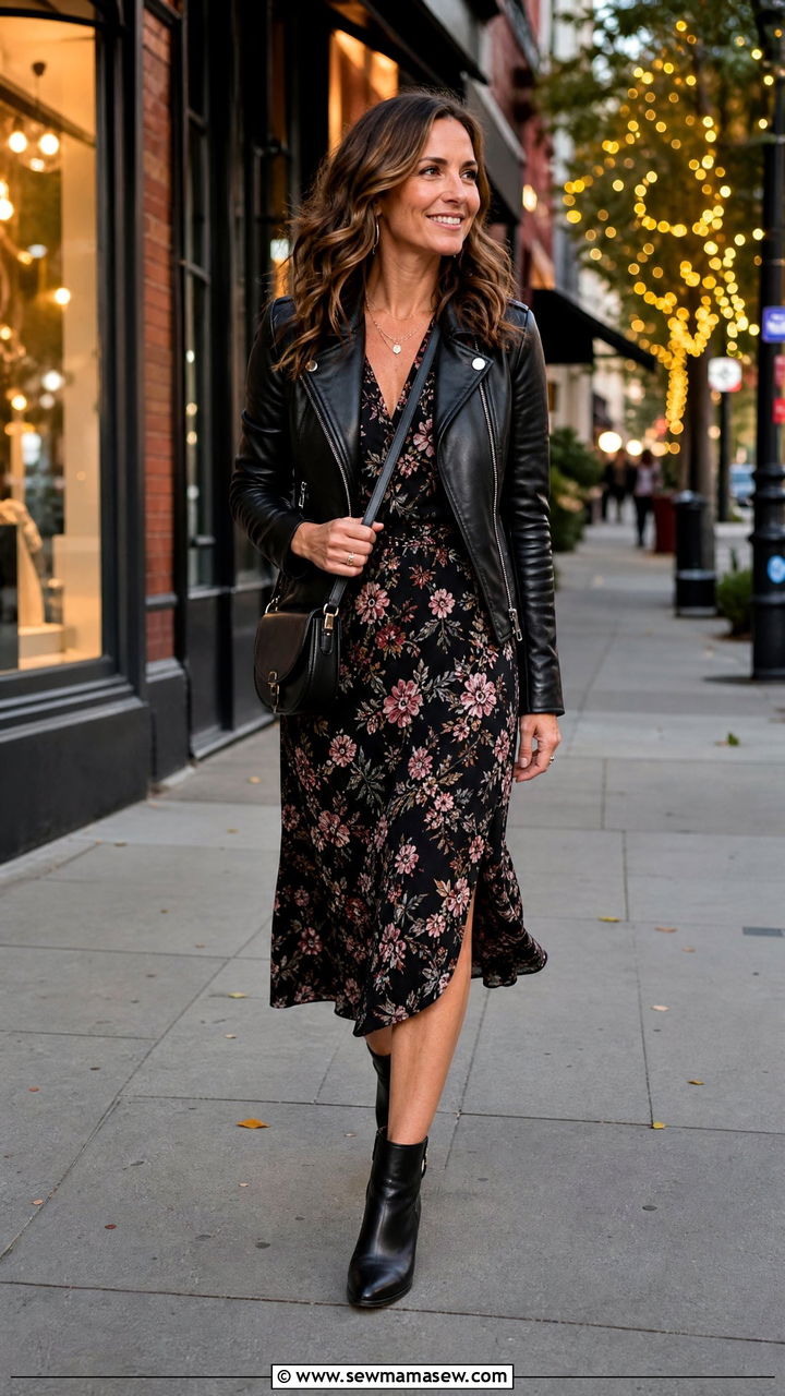 Dark floral midi dress with leather jacket - 30 midi dress outfits for women over 40