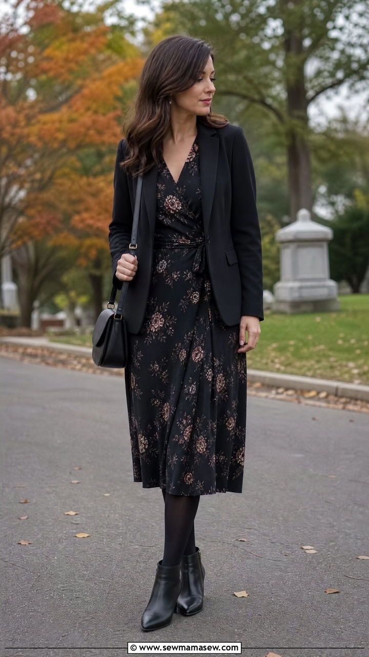Dark floral wrap dress with booties - 35 Funeral outfit ideas for women