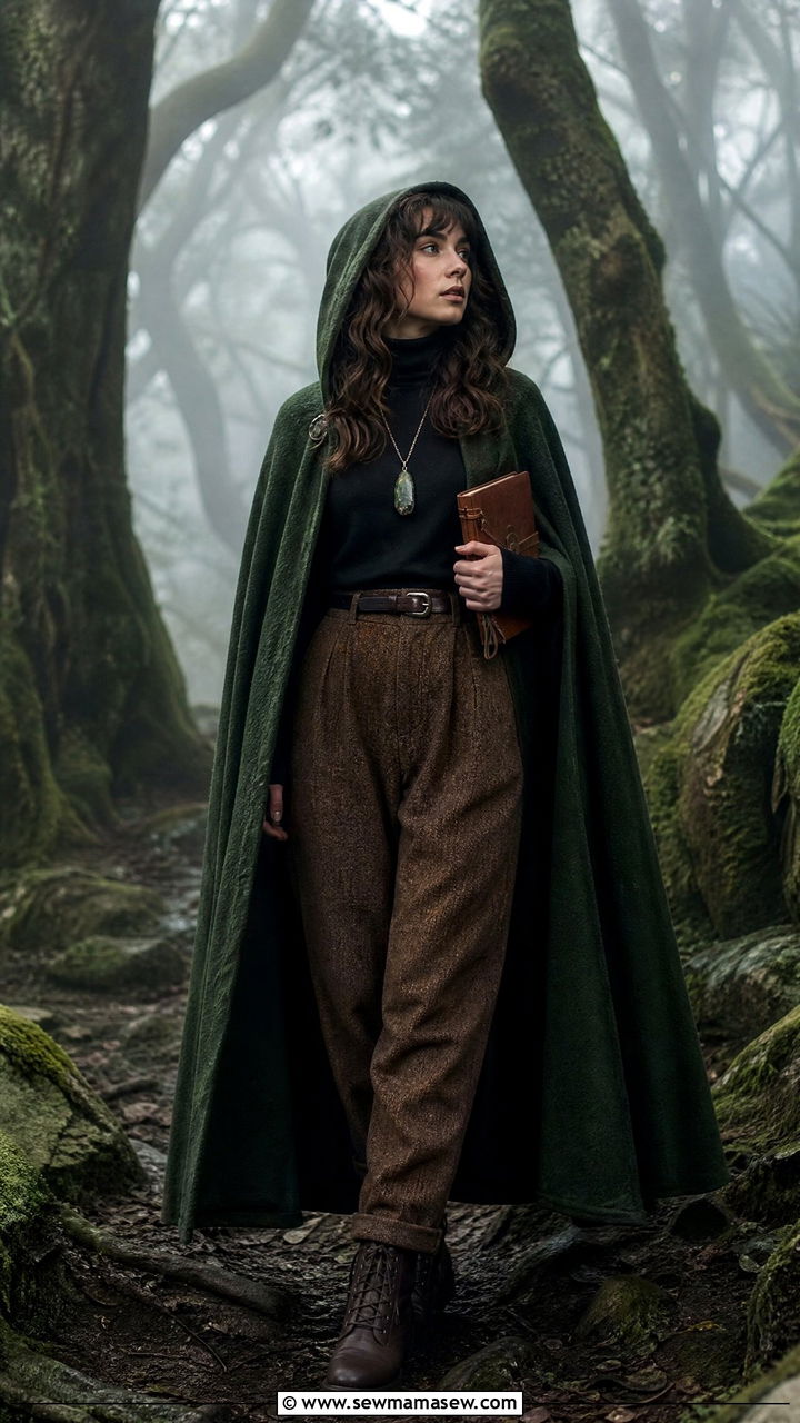 Dark green hooded cloak with wool trousers and leather ankle boots - 30 Goblincore outfit ideas
