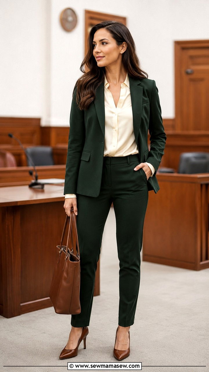 Dark green suit with cream blouse outfit - 30 Law firm outfit ideas