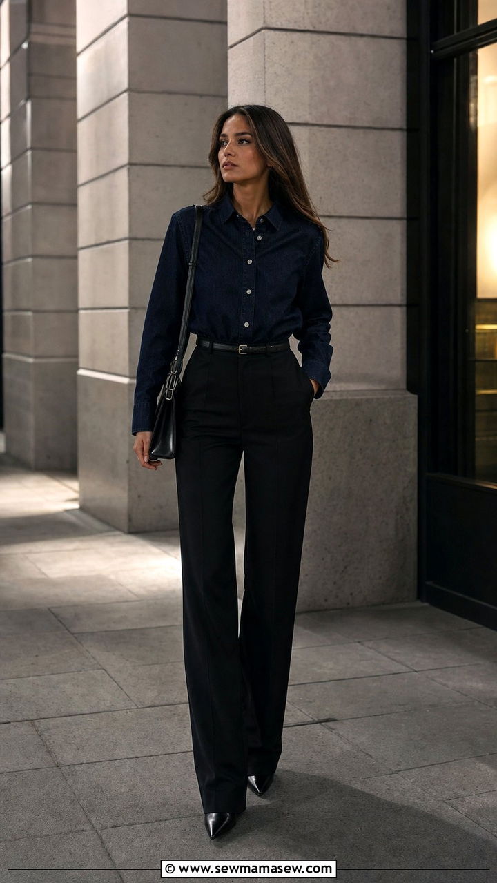 Dark indigo denim shirt with black tailored trousers - 25 Denim shirt outfit ideas 2026
