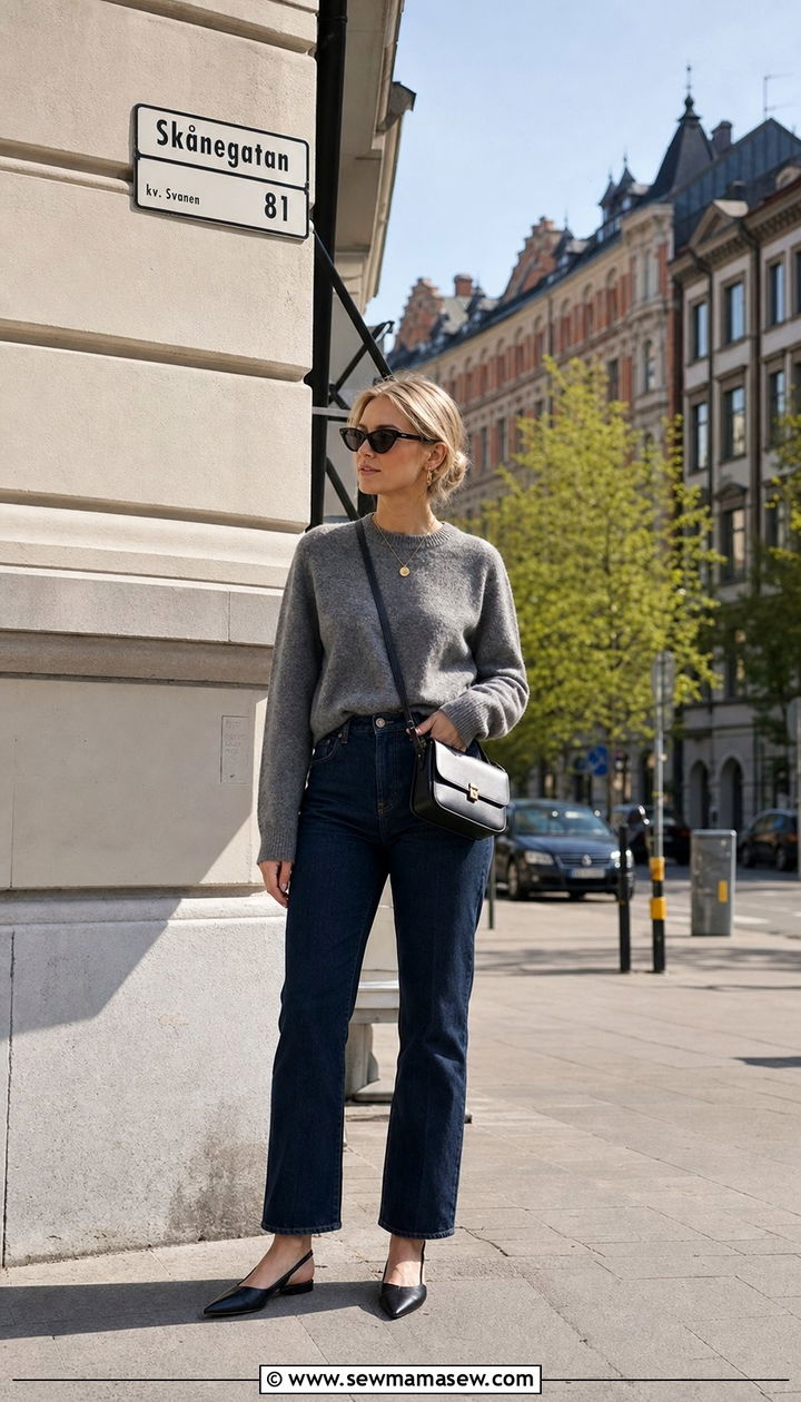 Dark indigo jeans and grey knit outfit - 25 Stockholm outfit ideas