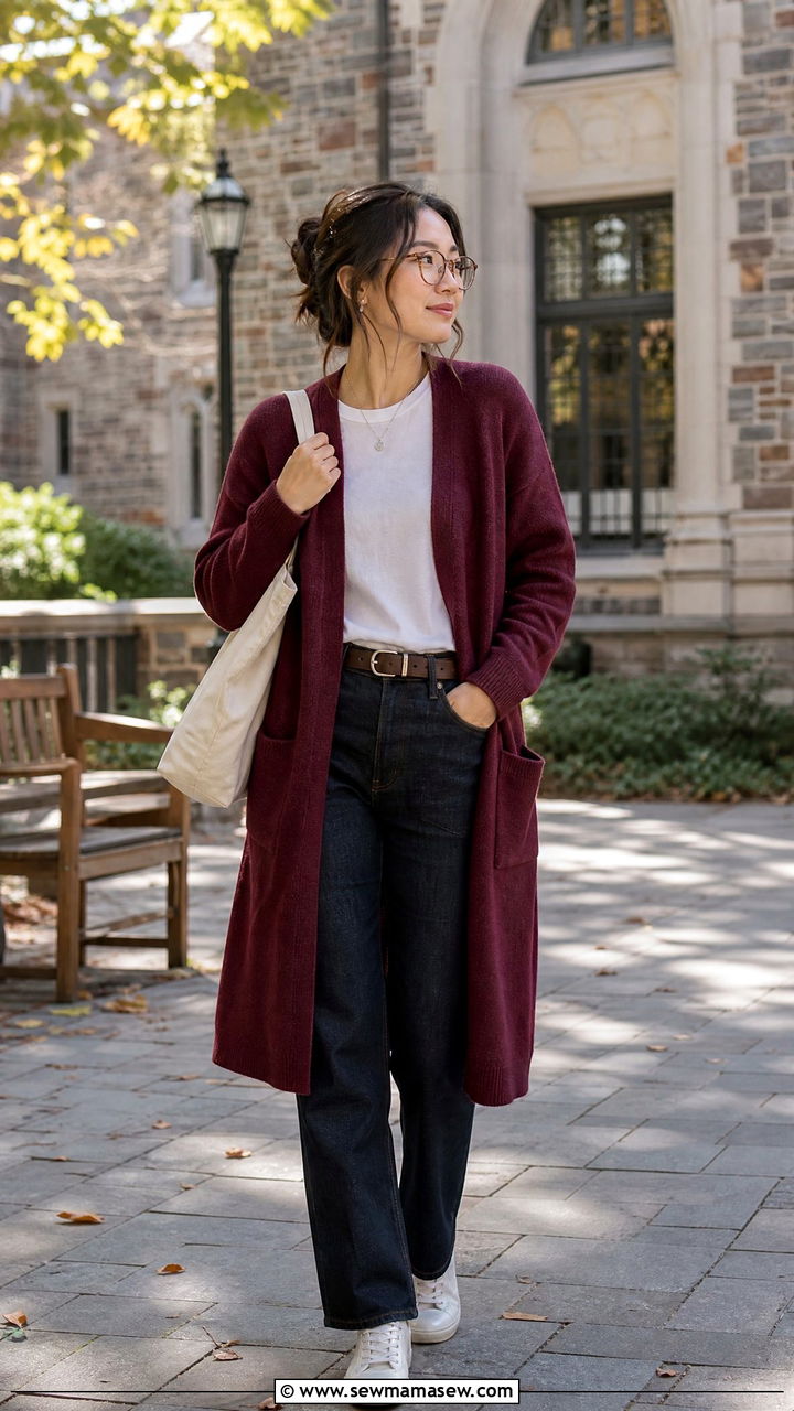 Dark jeans and burgundy cardigan librarian outfit - 25 librarian core outfits to copy