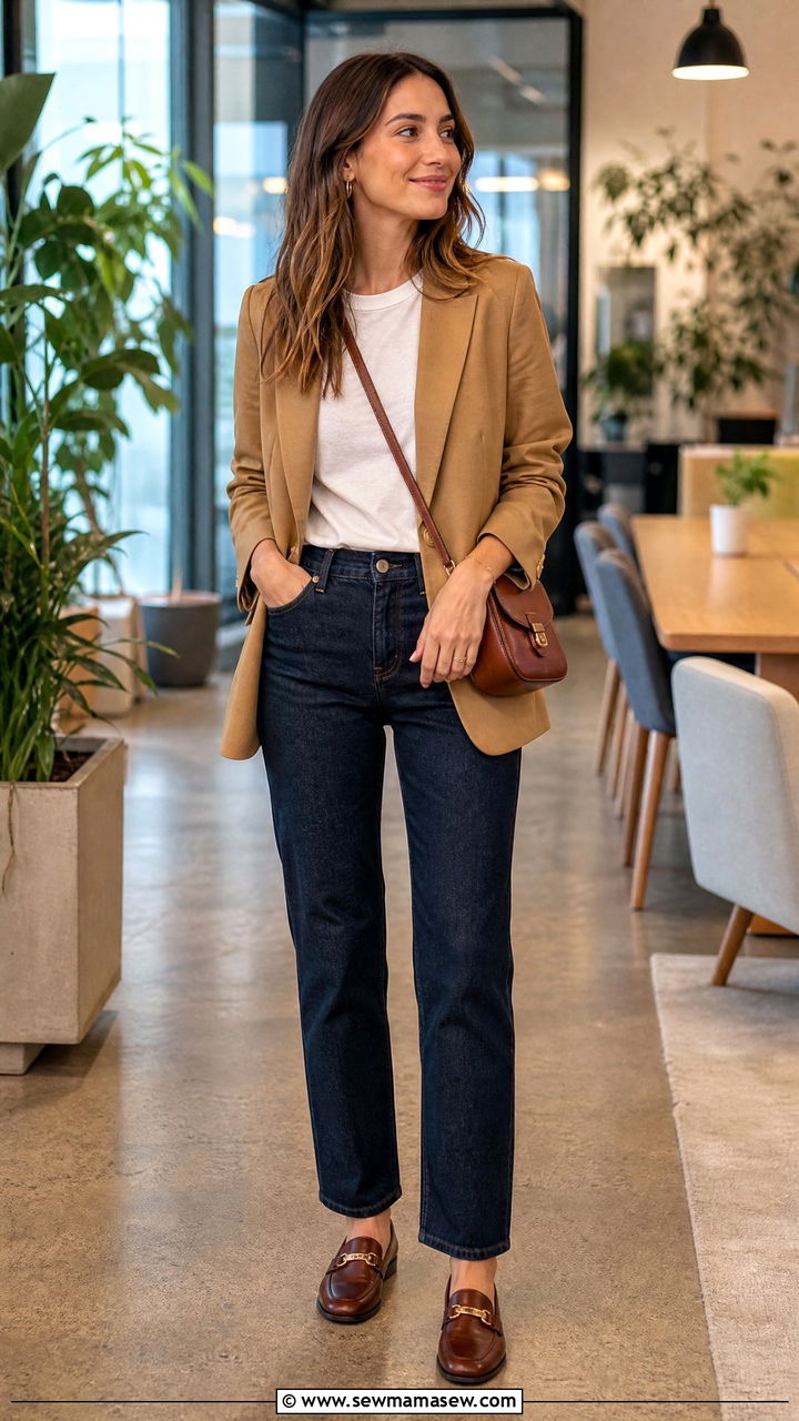 Dark jeans and structured blazer with leather loafers - 35 Marketing conference outfit ideas