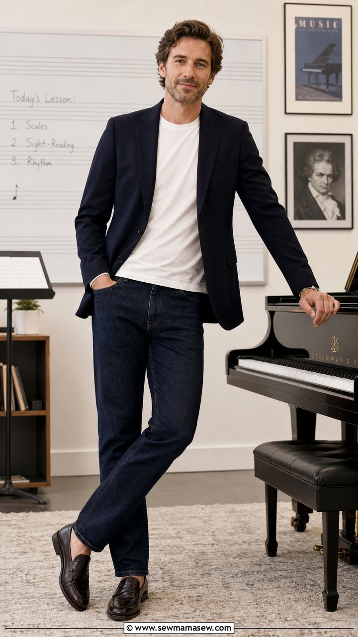 Dark jeans with blazer and loafers - 30 Music teacher outfit ideas