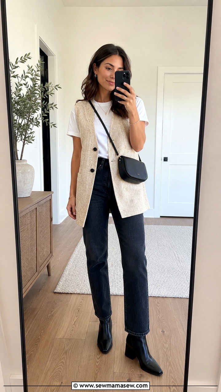 Dark jeans with longline vest and basic tee - 30 modest summer concert outfit ideas