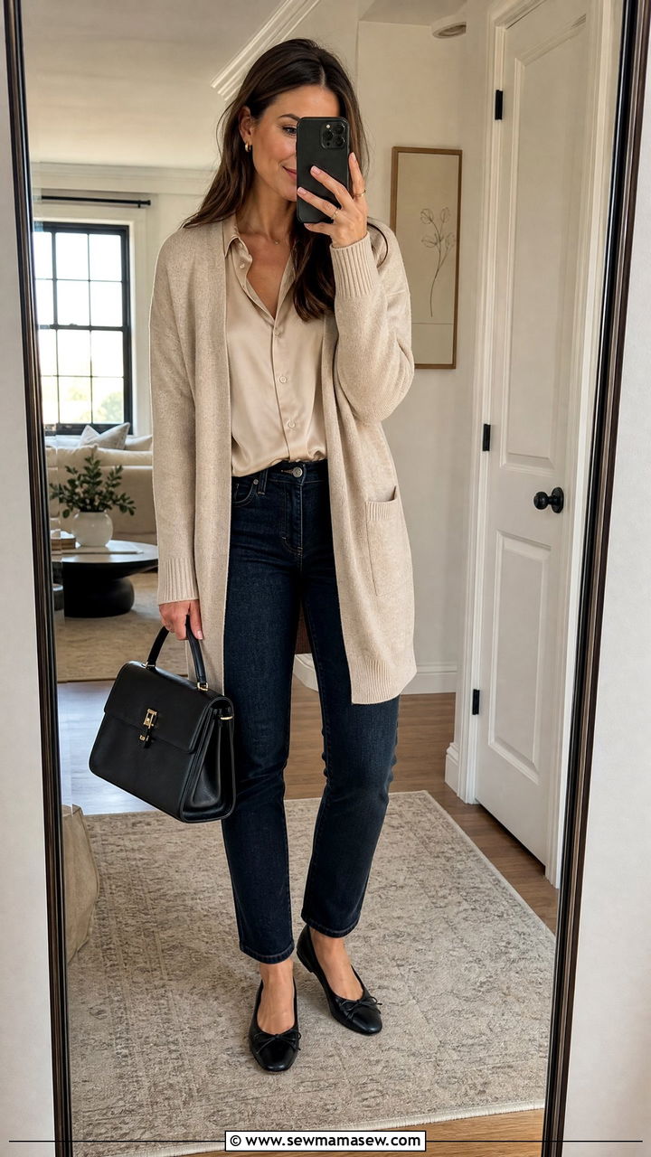 Dark jeans with silk blouse and longline cardigan - 25 French girl outfit ideas with ballet flats