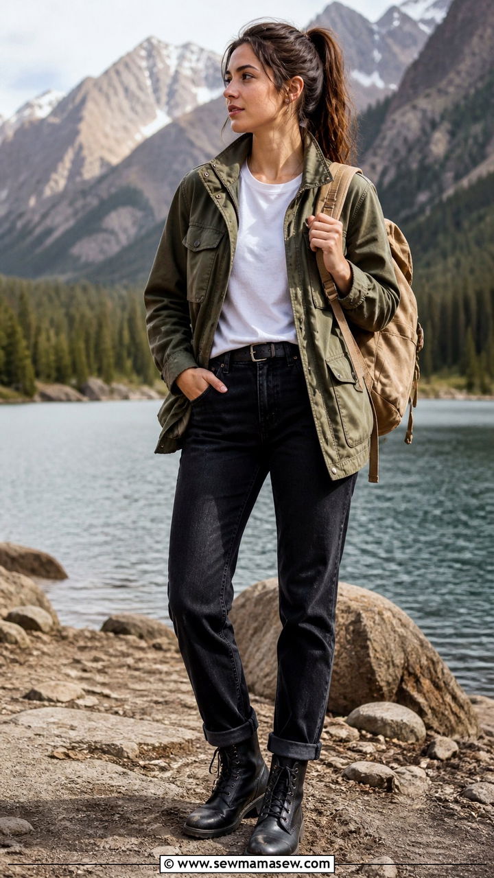 Dark jeans with utility jacket and combat boots - 40 jeans outfits