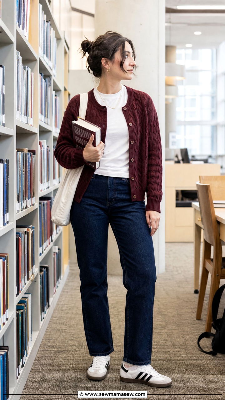 Dark navy jeans with white top and burgundy cardigan and Adidas Sambas - 35 Librarian outfit ideas for work