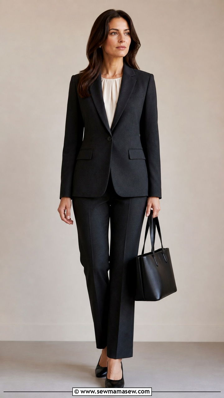 Dark pantsuit with modest blouse funeral outfit - 40 Funeral outfit ideas