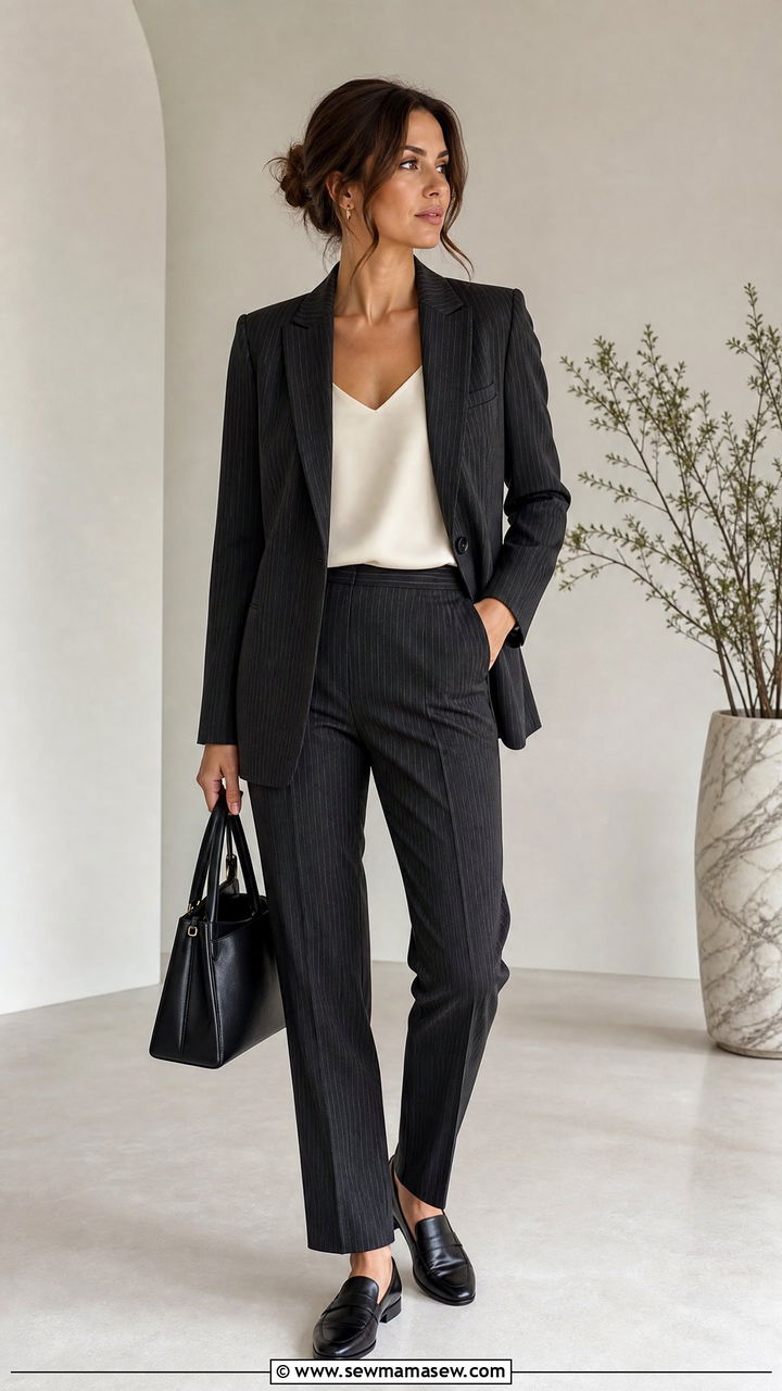 Dark pinstripe suit funeral outfit for women - 40 Funeral outfit ideas