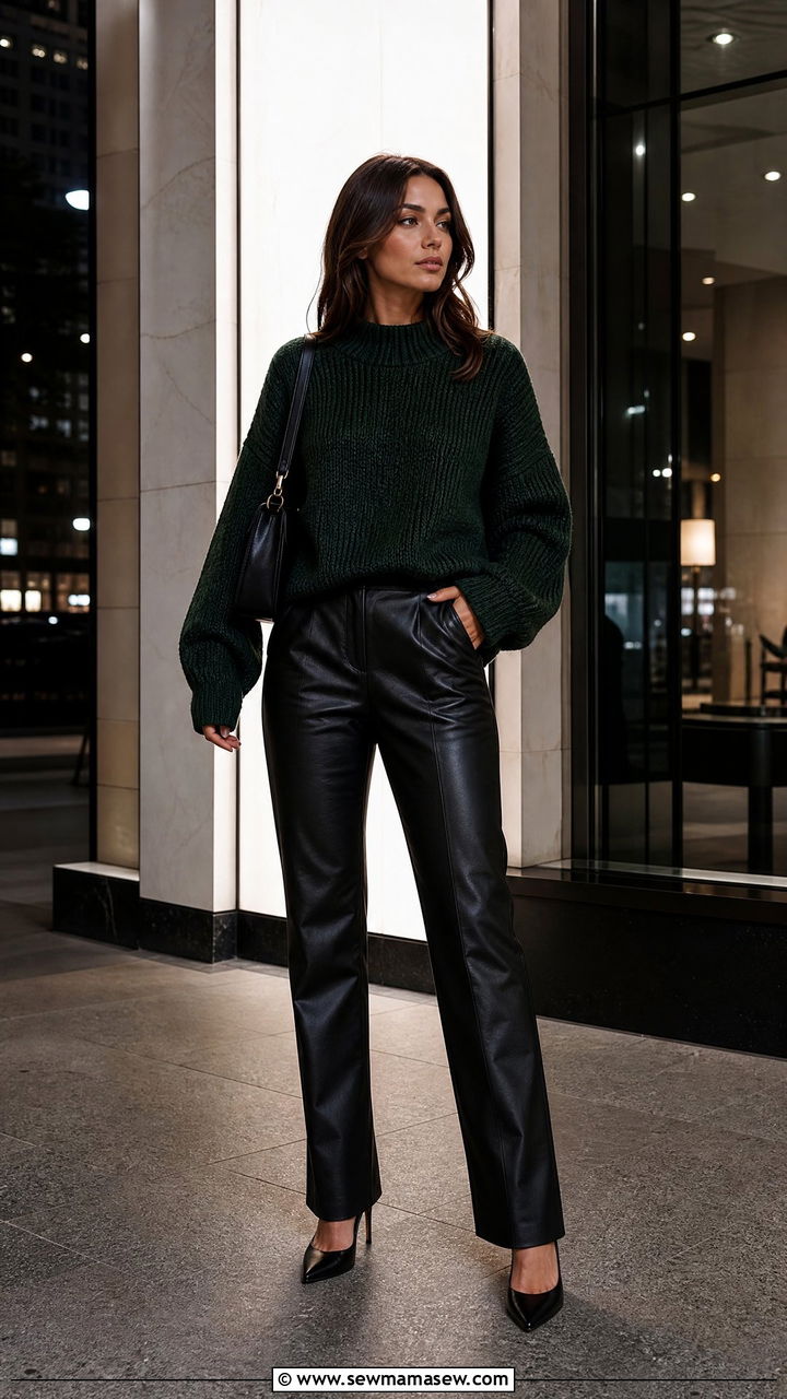 Dark toned chunky sweater with leather trousers - 25 chic chunky sweater outfit ideas
