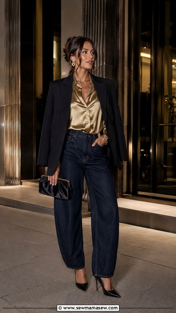 Dark wash barrel jeans evening outfit with heels - 25 Barrel jeans outfit ideas with heels