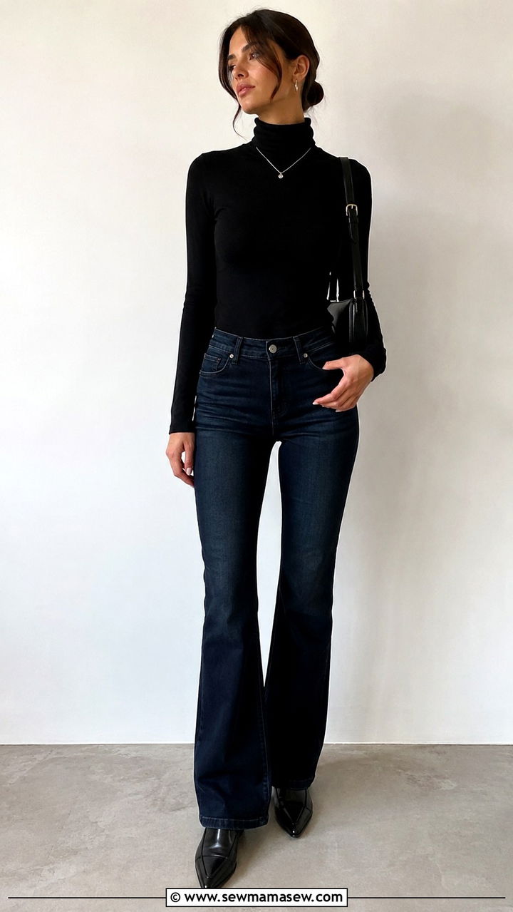 Dark wash bootcut jeans with black turtleneck and pointed loafers - 25 Bootcut jeans outfit ideas with loafers
