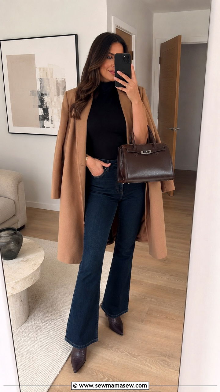 Dark wash bootcut jeans with brown riding boots - 25 Bootcut jeans outfit ideas with boots
