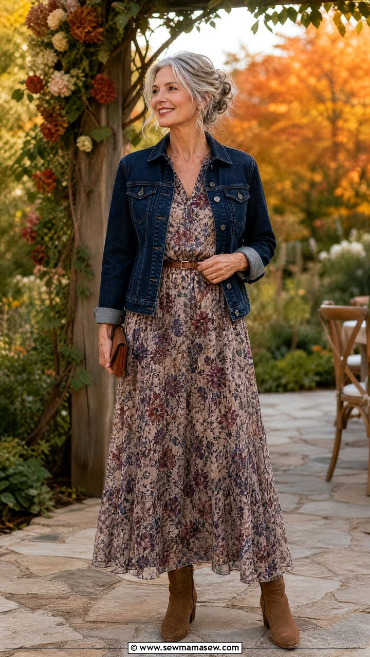 Dark wash denim jacket with a floral maxi dress - 25 How to style a denim jacket over 50