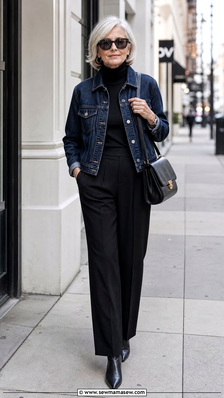 Dark wash denim jacket with black trousers and turtleneck - 25 How to style a denim jacket over 60