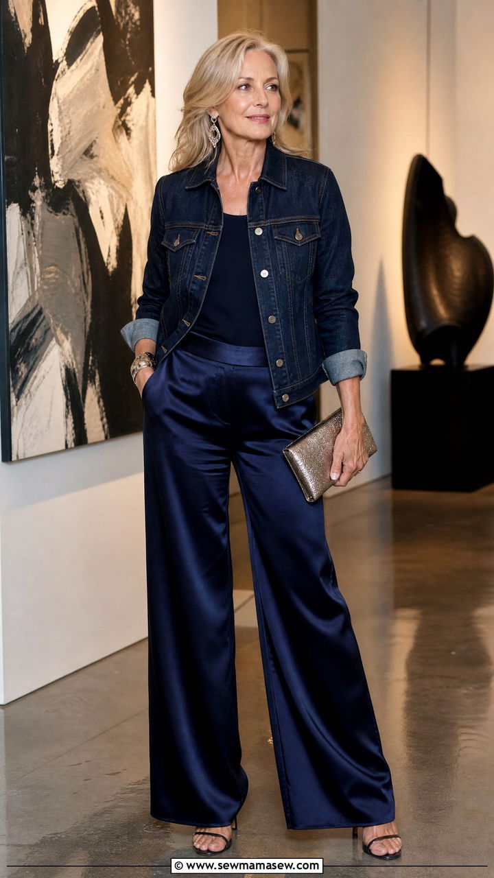 Dark wash denim jacket with satin trousers - 25 How to style a denim jacket over 50